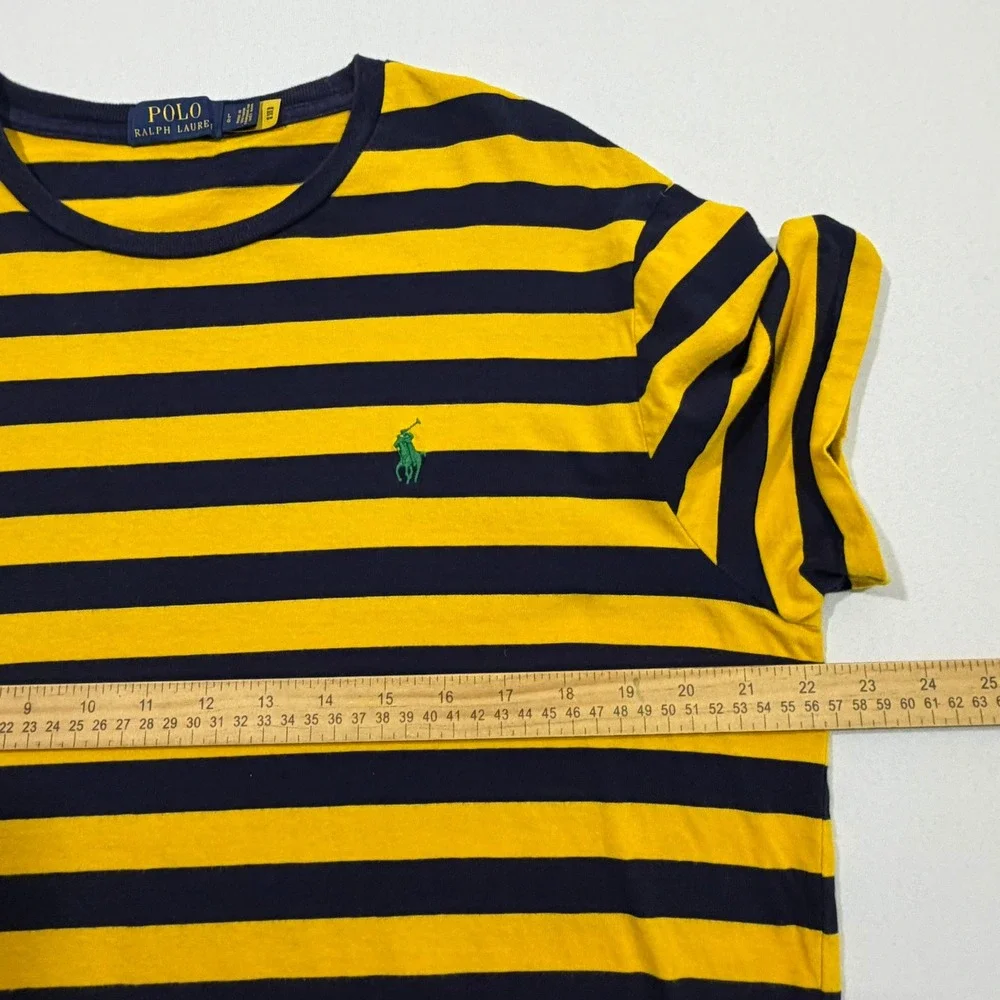 Polo Ralph Lauren T Shirt Mens Large L Yellow Navy Blue Striped Crewneck Skater